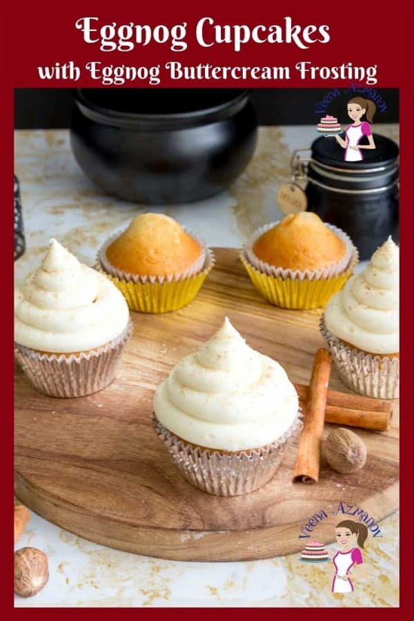 Cupcakes with eggnog buttercream frosting on a round board.