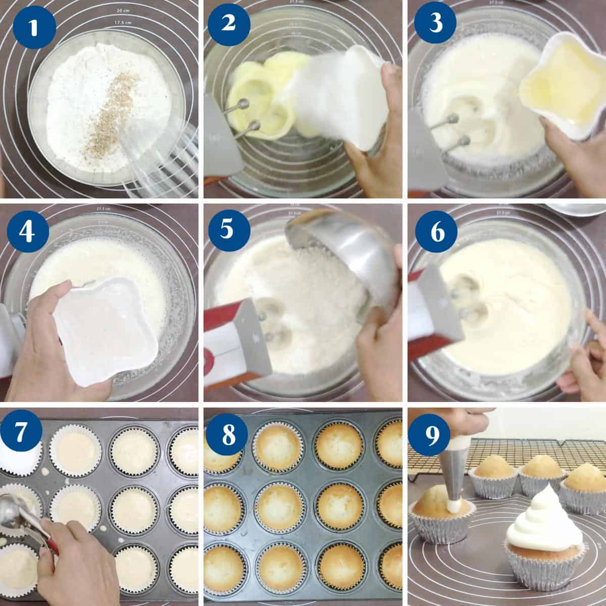 Progress pictures for making Eggnog Cupcakes.