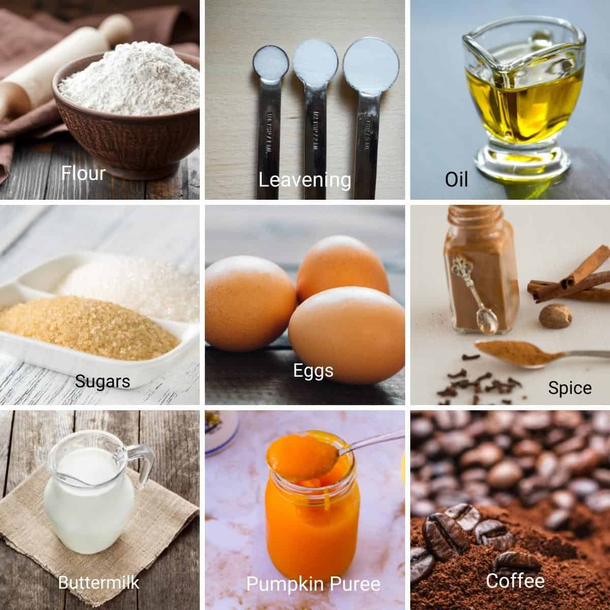 Ingredients for pumpkin spice latte cake.