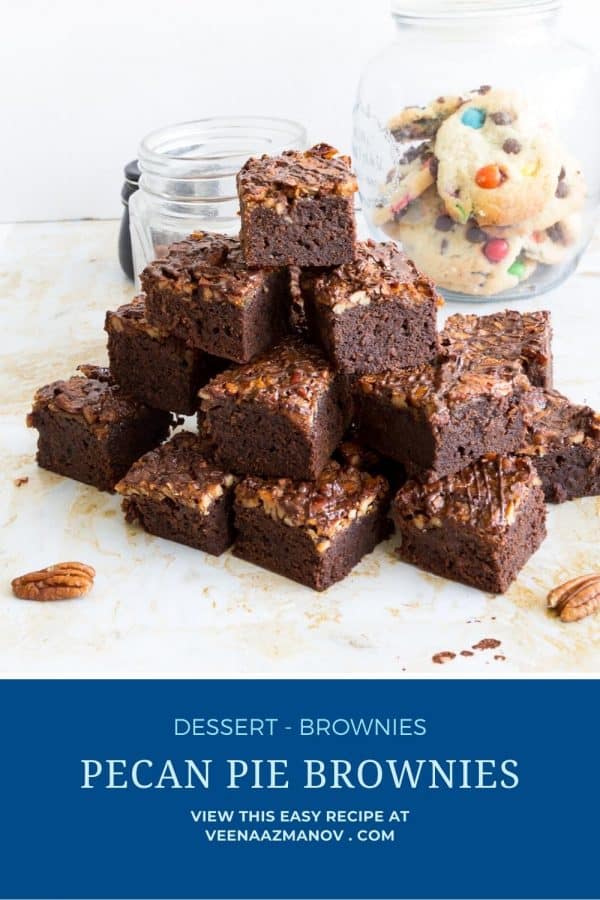Pinterest image chocolate brownies with pecan pie filling.