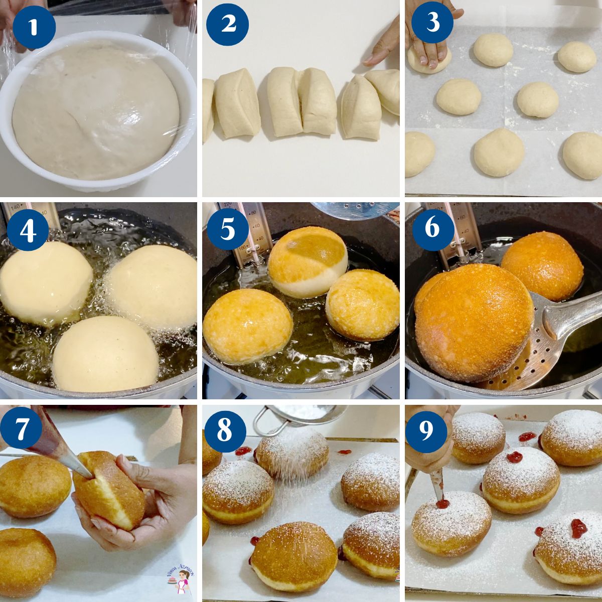 Progress pictures shaping and frying the donuts.