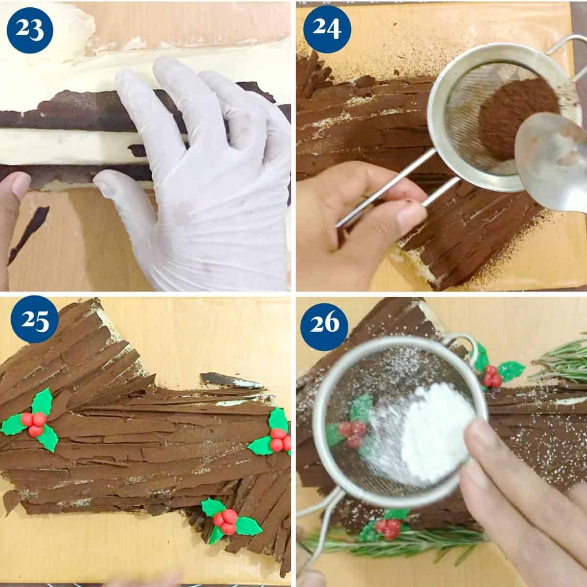 Progress pictures decorating the log cake.