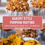 Pinterest image for pumpkin muffins with cinnamon sugar pecan tops.