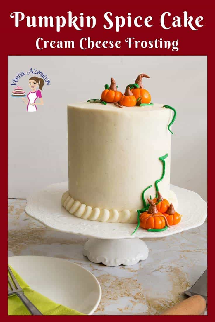 Celebrate Thanksgiving this fall with a pumpkin spice cake with cream cheese frosting topped with fondant pumpkins