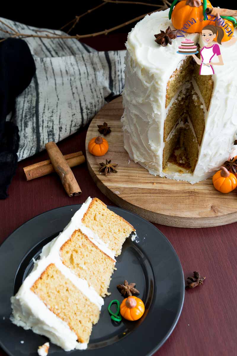 Celebrate the season of fall with pumpkin spice latte cake and maple buttercream frosting.