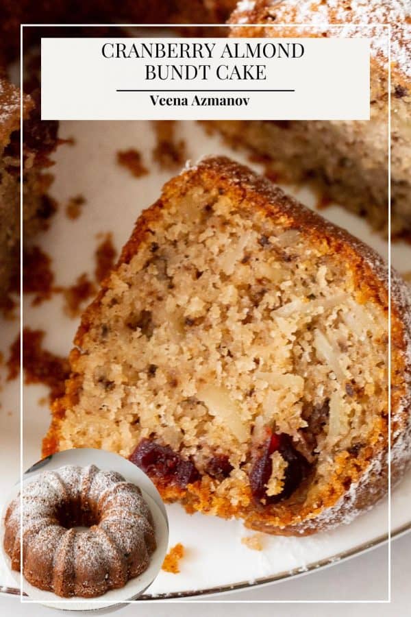 Pinterest image for bundt cake with cranberry and almonds.