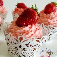 Cupcake with strawberry buttercream frosting.