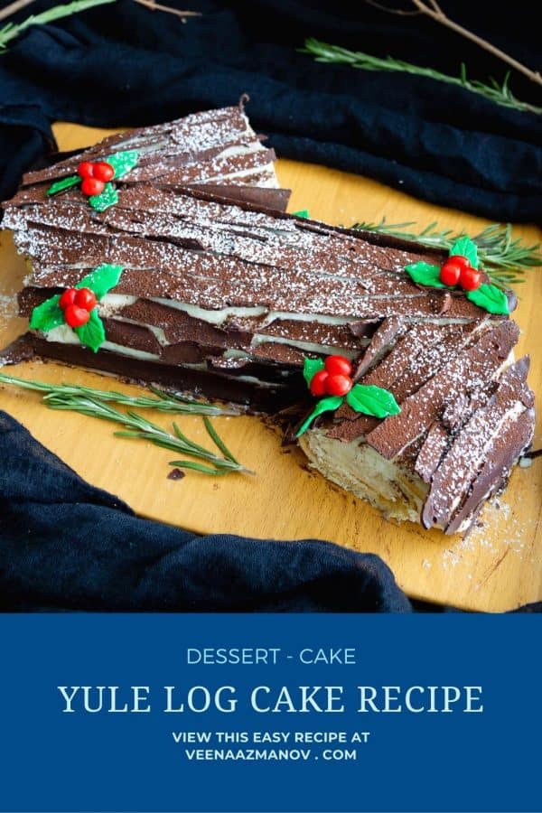 Pinterest image for yule log cake recipe.