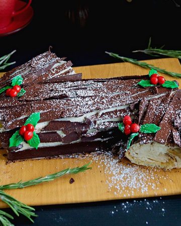 Log cake on a board dusted with cocoa powder.