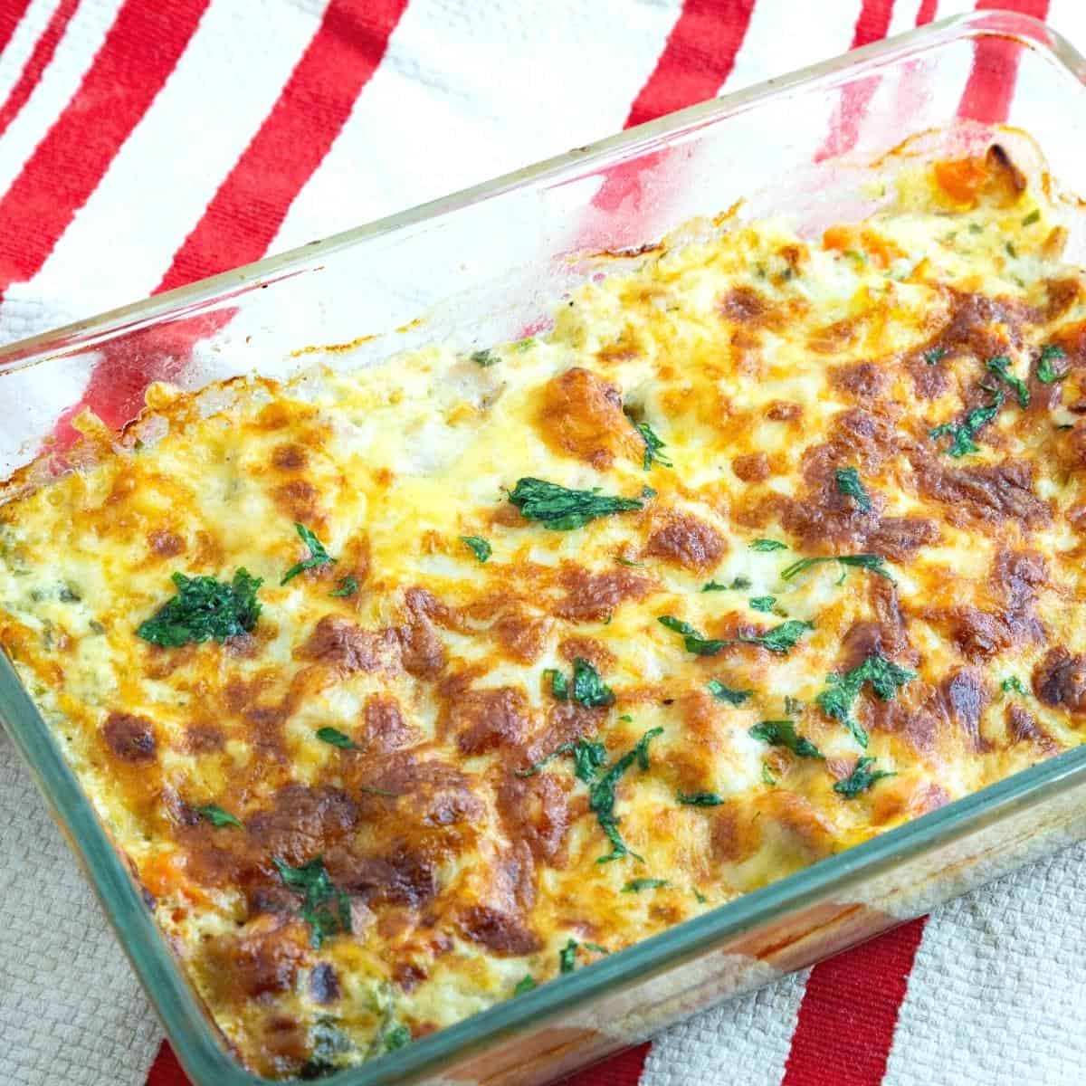 Casserole dish with chicken.
