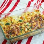 A glass casserole with chicken.