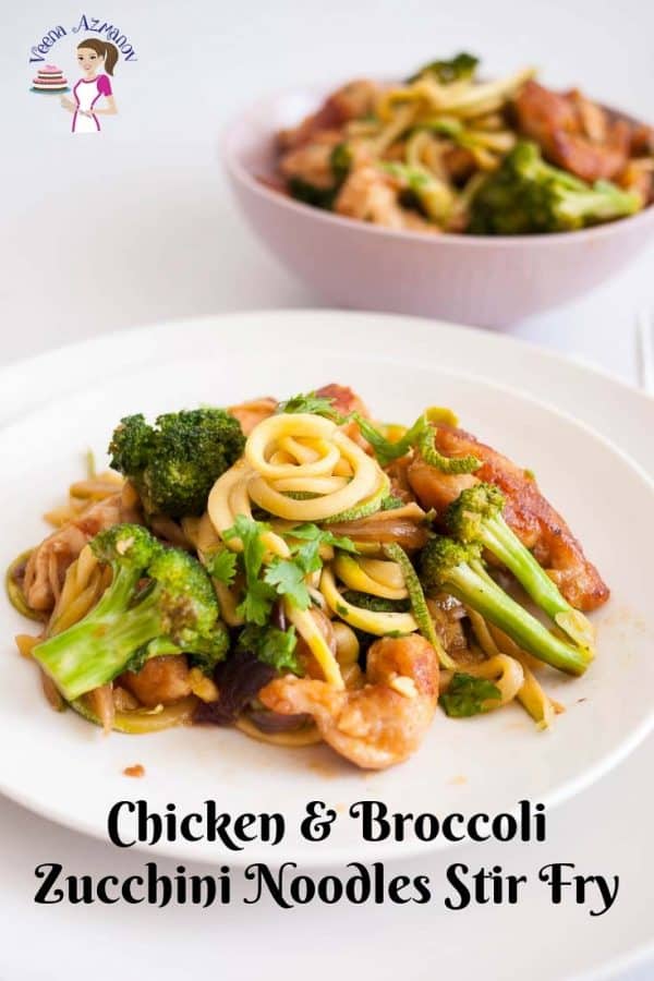 A plate with chicken and broccoli stir fry