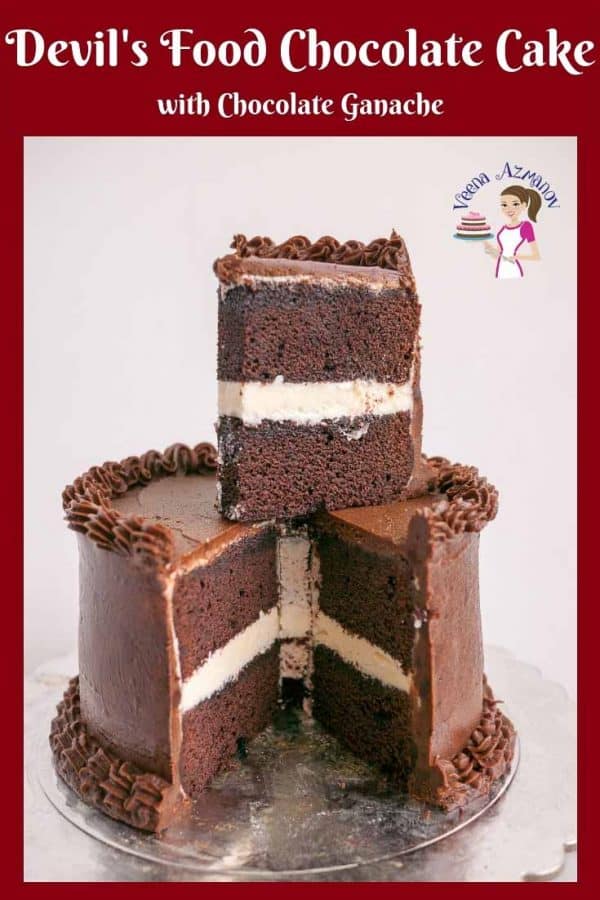A sliced devils food chocolate cake.
