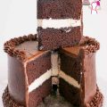 A sliced devils food chocolate cake.