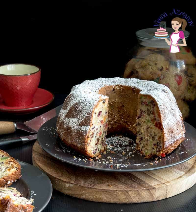 A deliciously most glace mixed fruit bundt cake also called tutti frutti cake or candied fruit peel fruitcake recipe