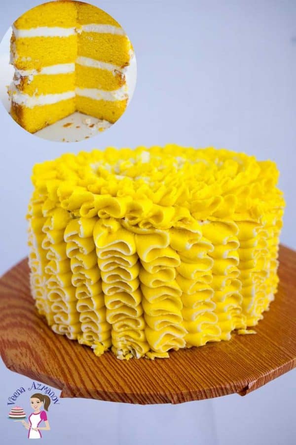 A lemon cake decorated with lemon buttercream.
