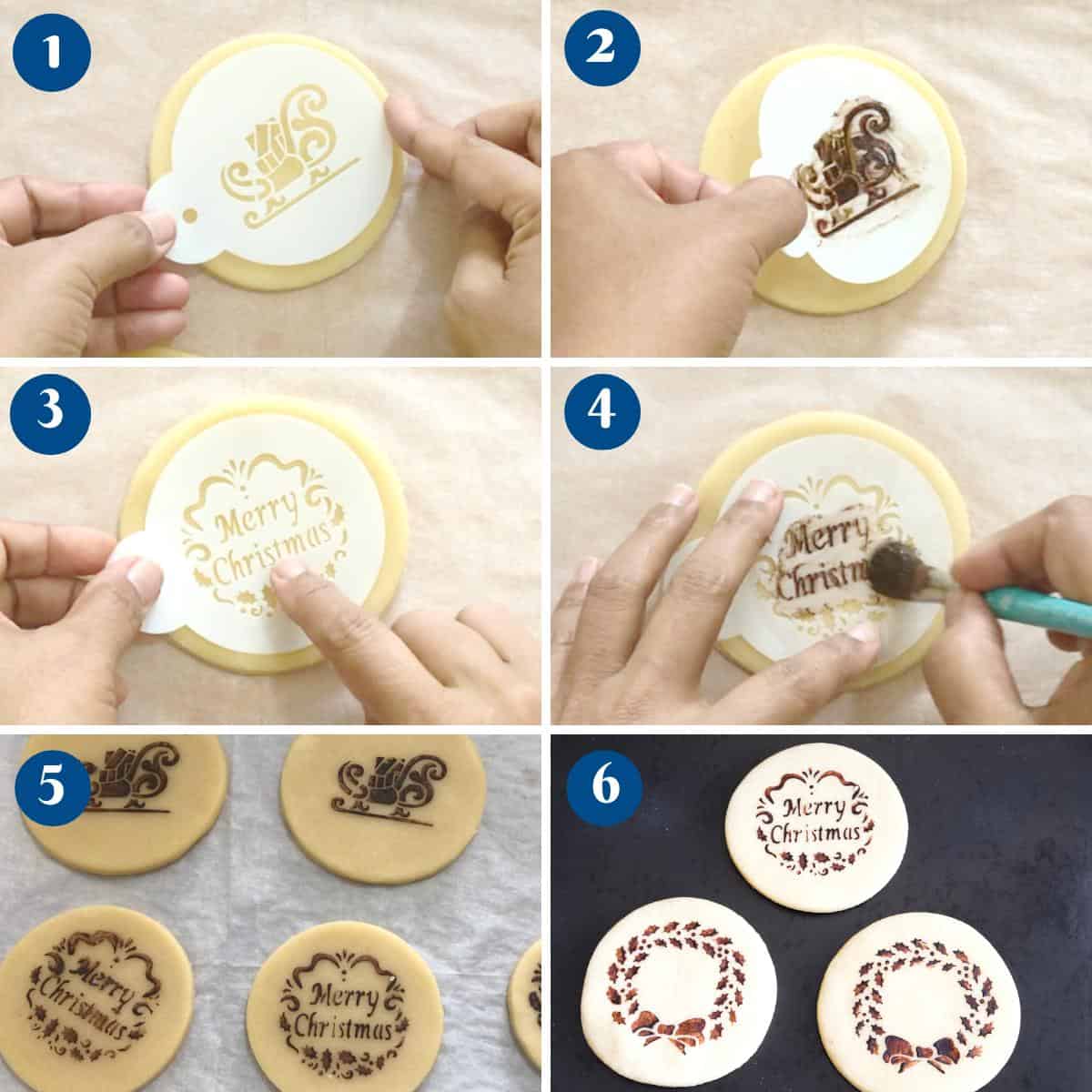 Progress pictures stenciling the cookies with cocoa paste.