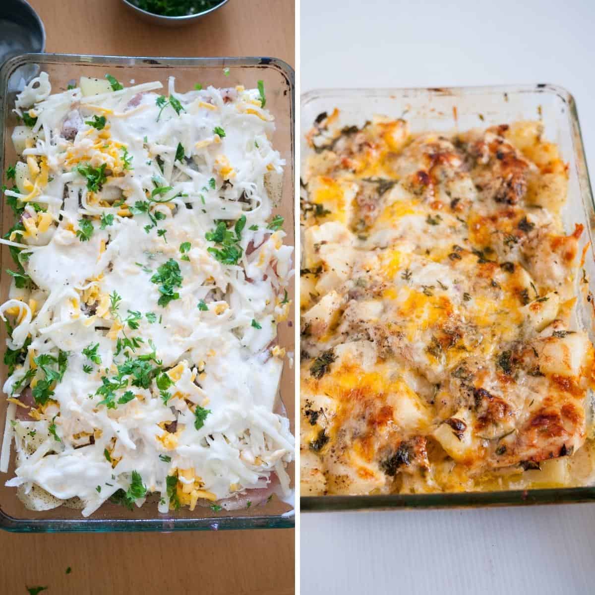 Collage with before and after casserole baked.