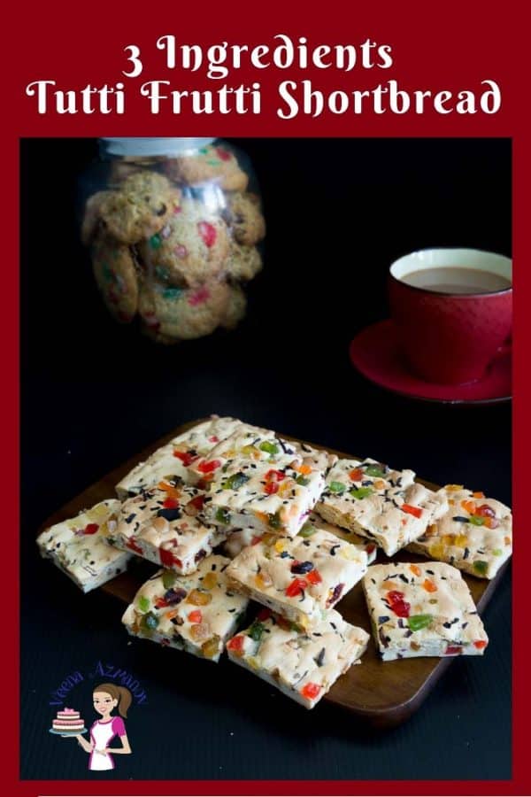 Just three ingredients these candied fruit shortbread or tutti frutti shortbread take 5 minutes to mix and 2o mins to bake
