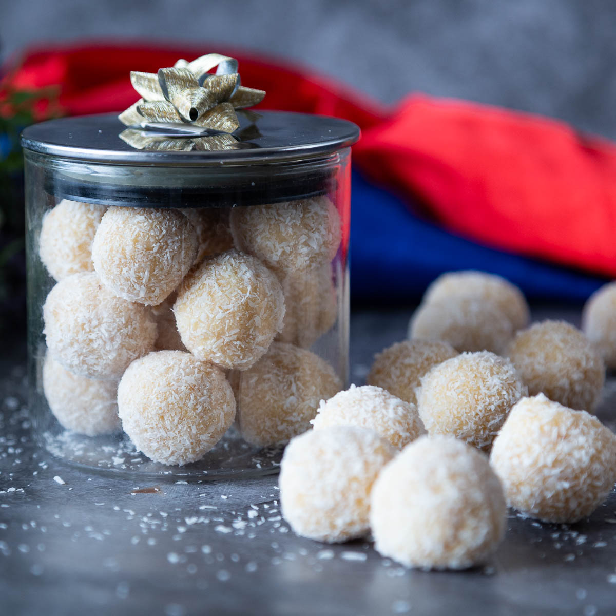 A Christmas jar with white chocolate truffles.