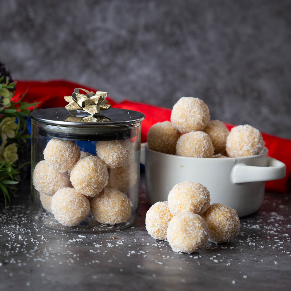 Three jars of white chocolate truffles.