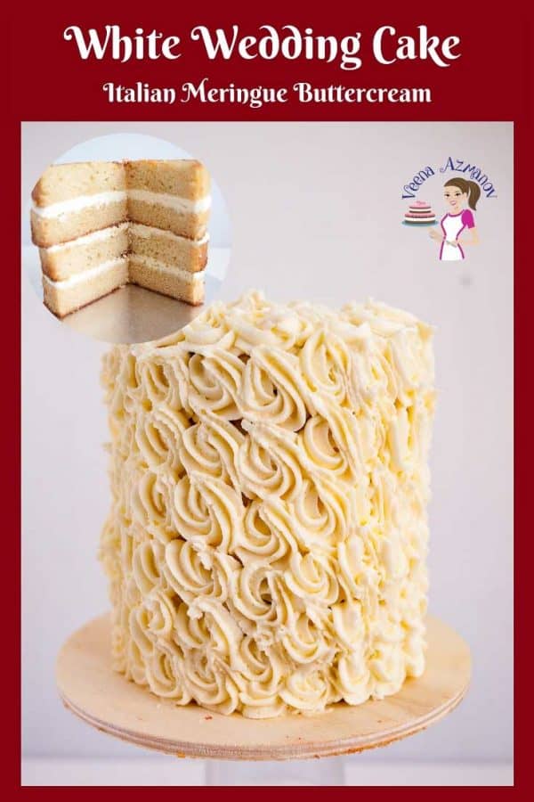 A white wedding cake decorated with buttercream.