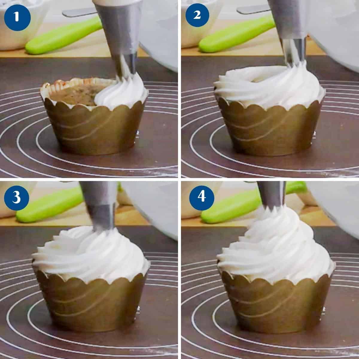 Piping a swirl on a vanilla cupcake.