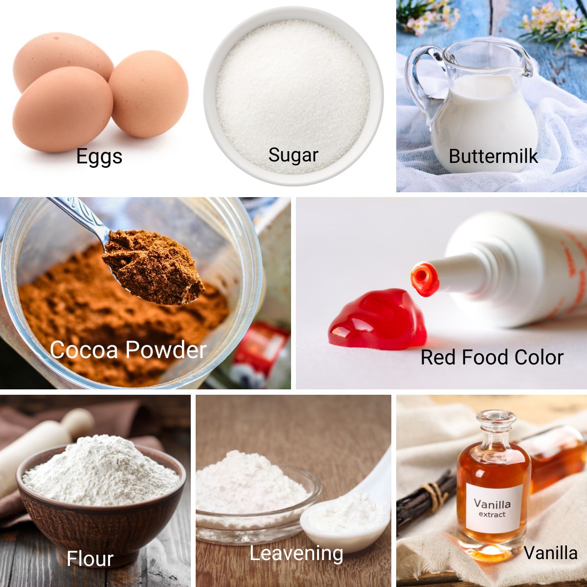 Ingredients for making strawberry red velvet cake.