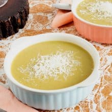 Soup bowls with split pea soup.