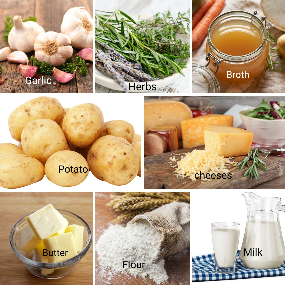 Ingredients collage for slow cooker potato soup.