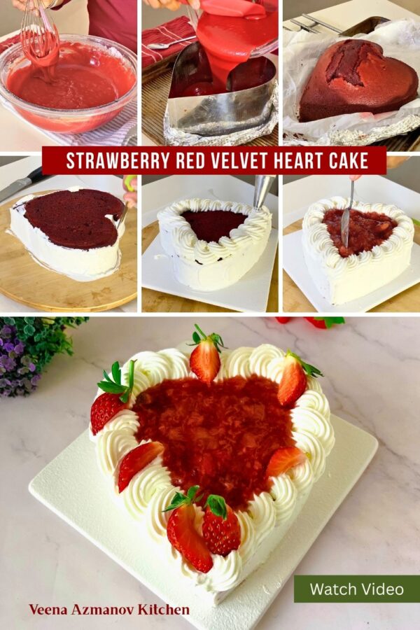 Strawberry Red Velvet Heart Cake with Whipped Cream Frosting - Veena ...