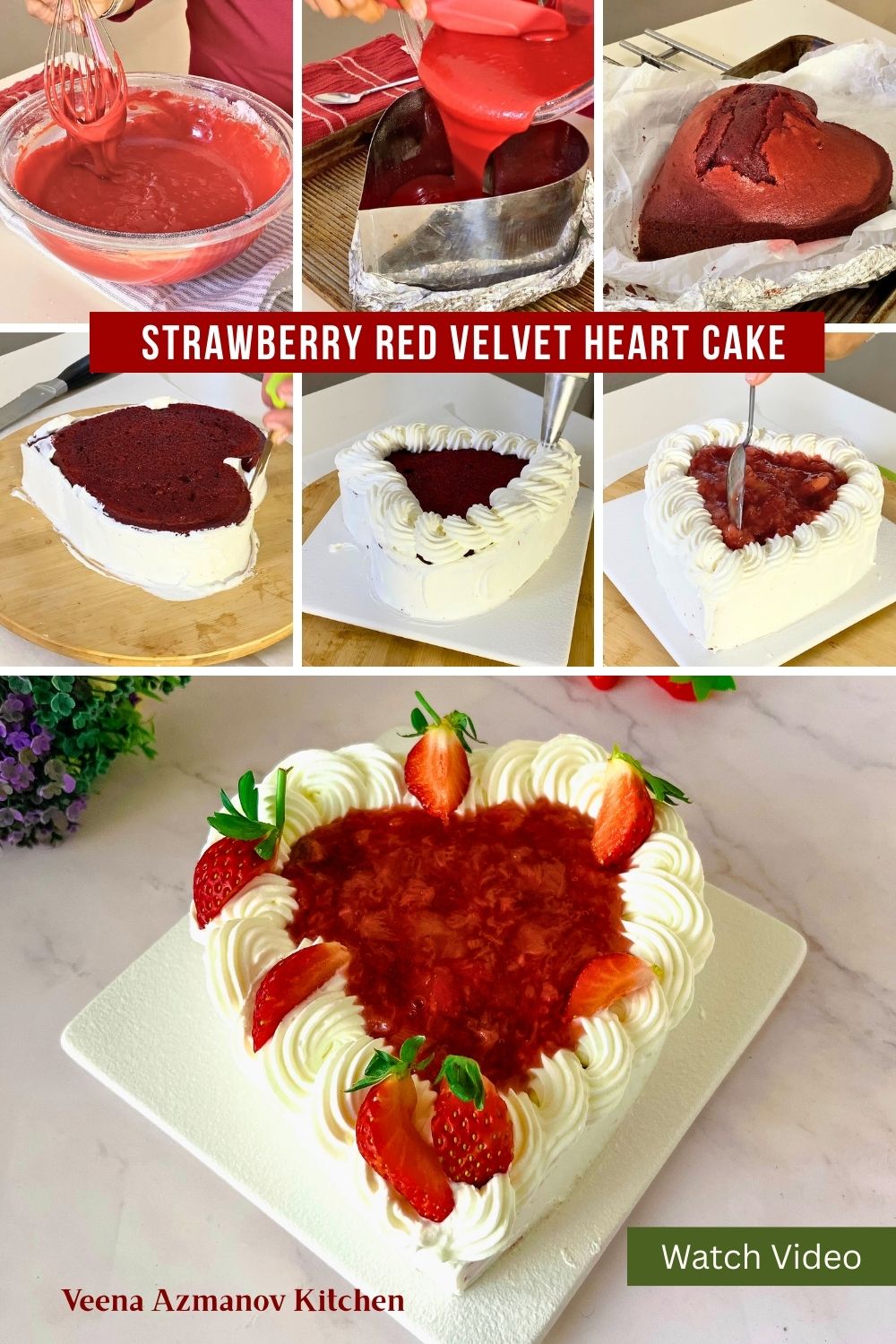 Pinterest image for Strawberry Red Velvet Heart Cake.