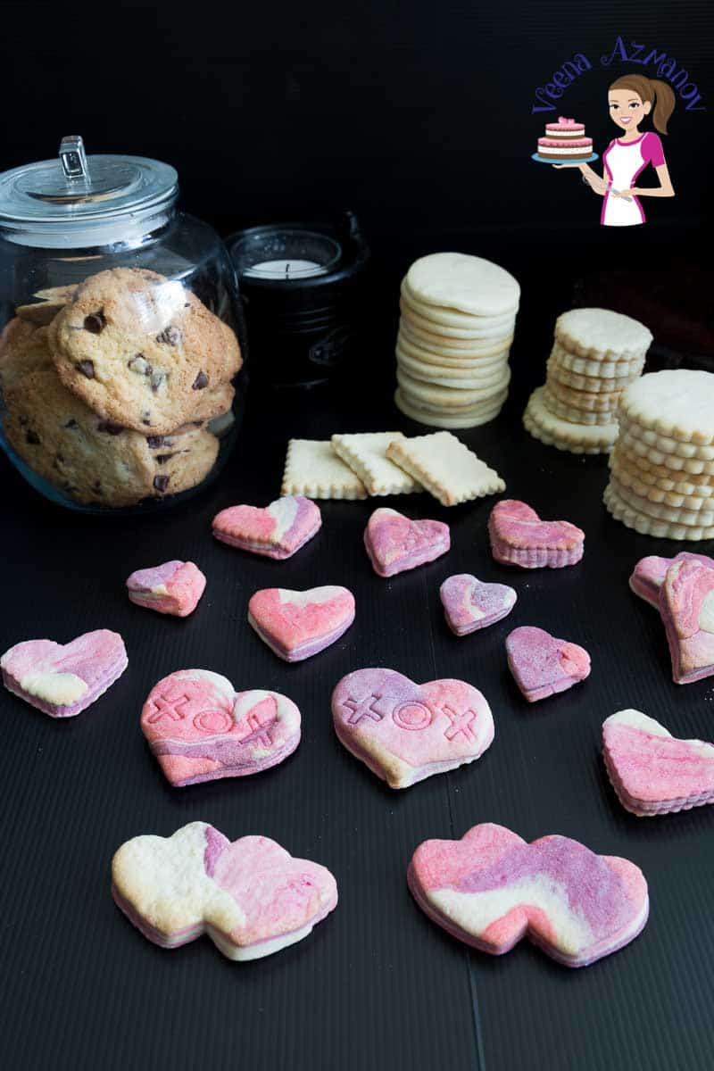 Heart shaped cookies on a table.