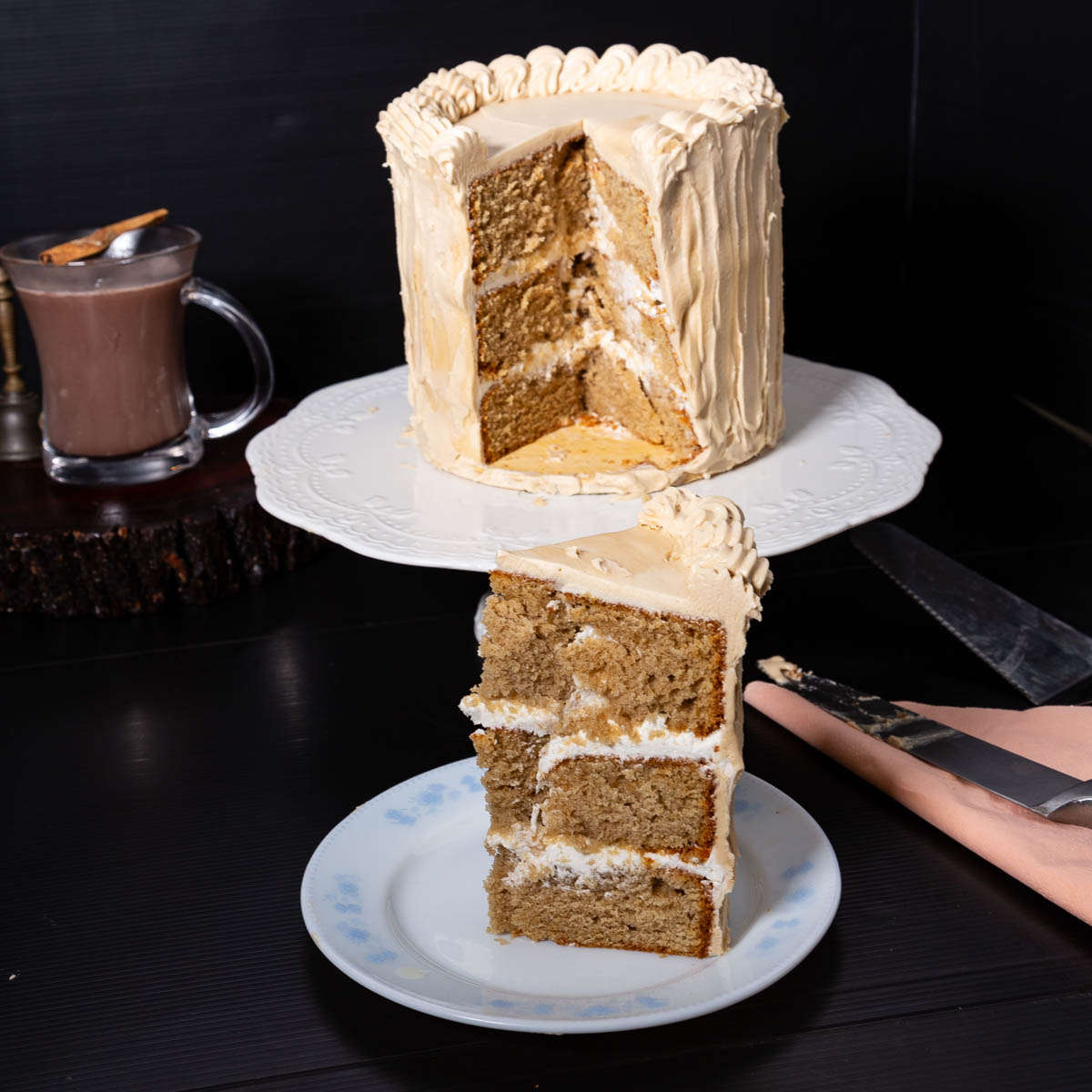 A sliced cafe latte cake on the table.
