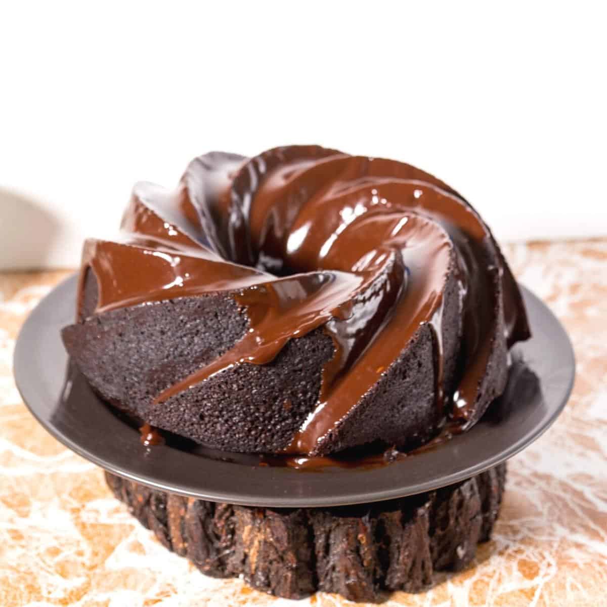 A chocolate glazed bundt cake