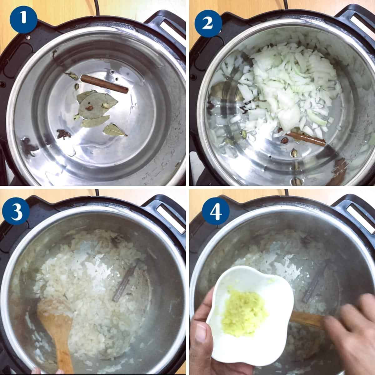 Progress pictures collage sautéing the onions in the instant pot.