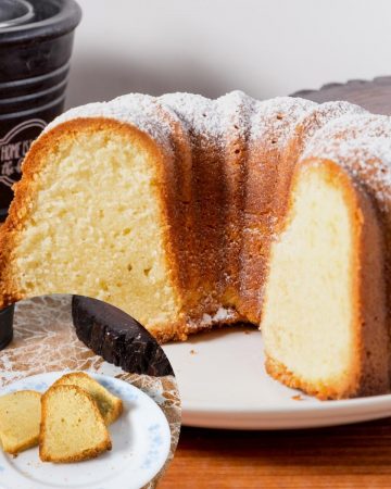 Vanilla Bundt Cake on a plate with with sliced cakes.