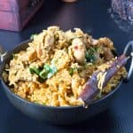 An Indian Kadai pot with instant post biryani.