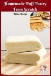 Folded puff pastry on a wooden board.
