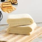 Puff pastry on a wooden board.