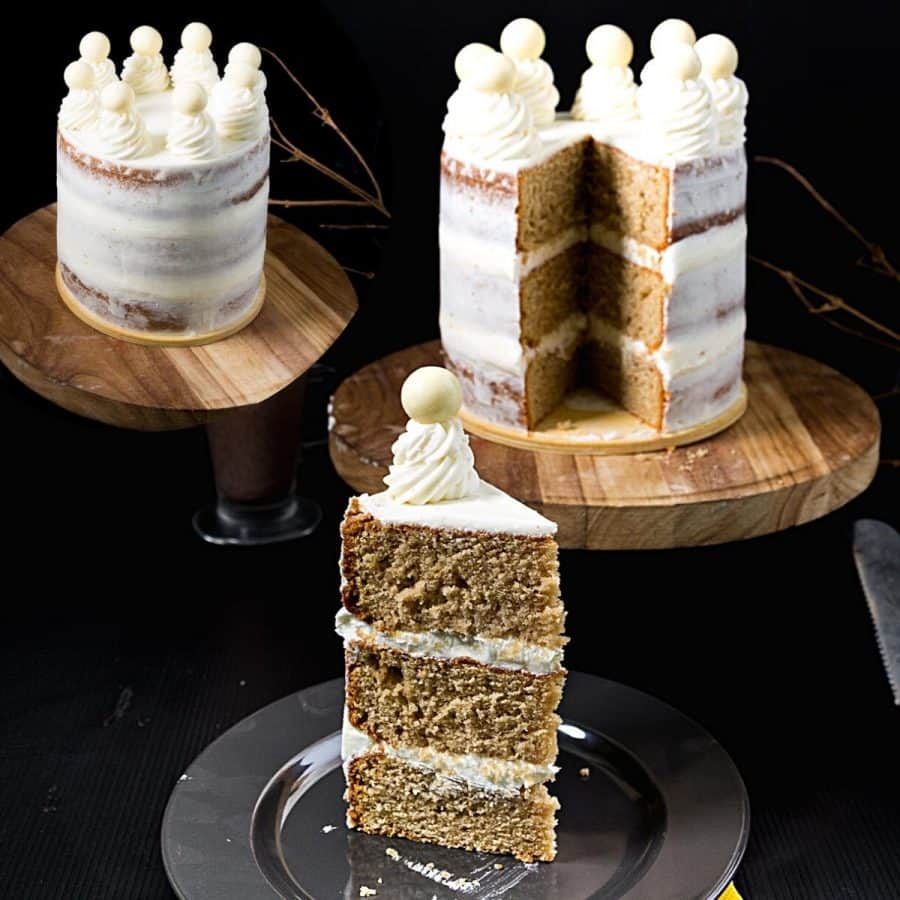 A sliced cake on the table.