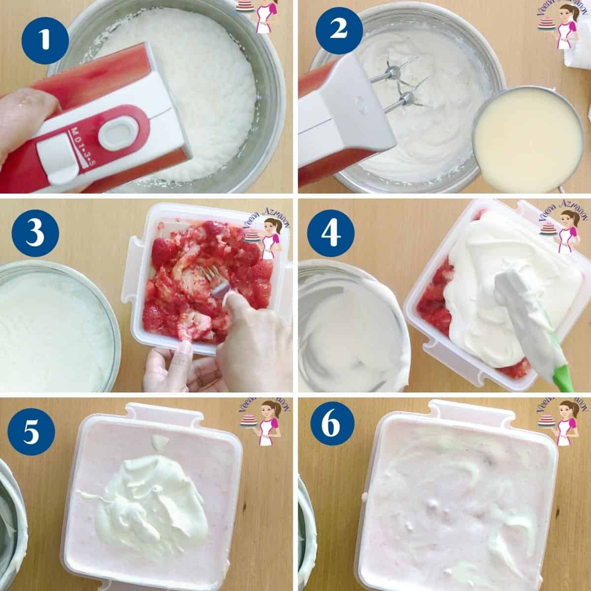 Progress pictures collage for strawberry ice cream.
