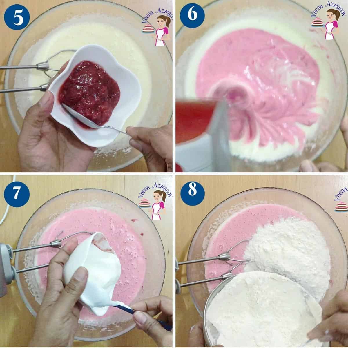 Progress pictures for making strawberry cake batter.
