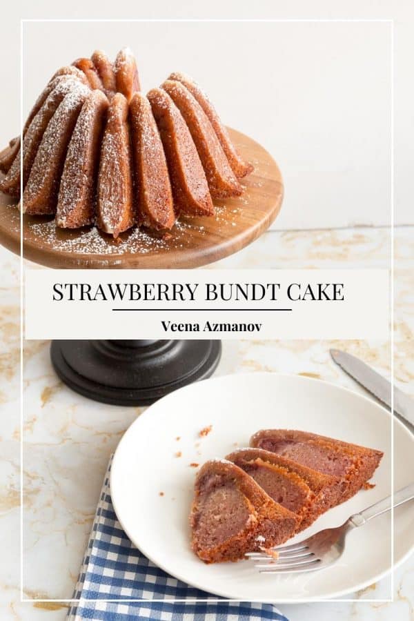 Pinterest image for strawberry cake in bundt pan.
