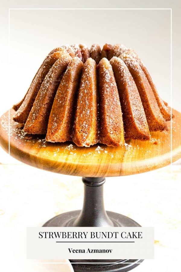 Pinterest image for strawberry cake in bundt pan.