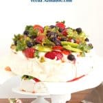 Frosted Pavlova on cake stand.