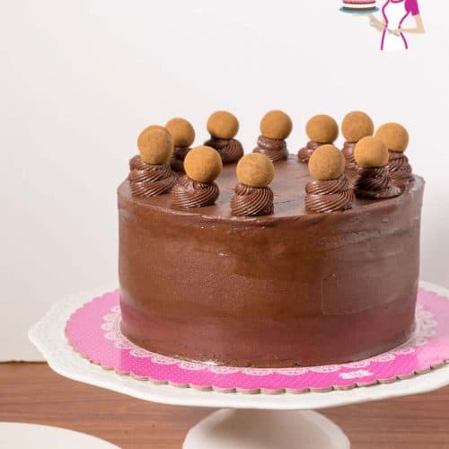 A chocolate cake sitting on top of a cake stand.