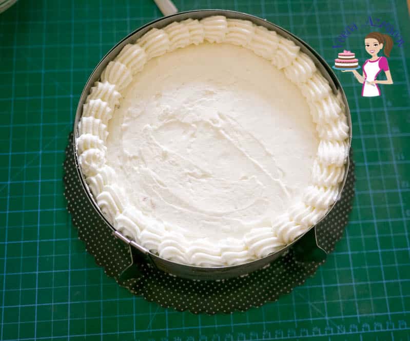 A top view of mascarpone cream cake in a cake ring.