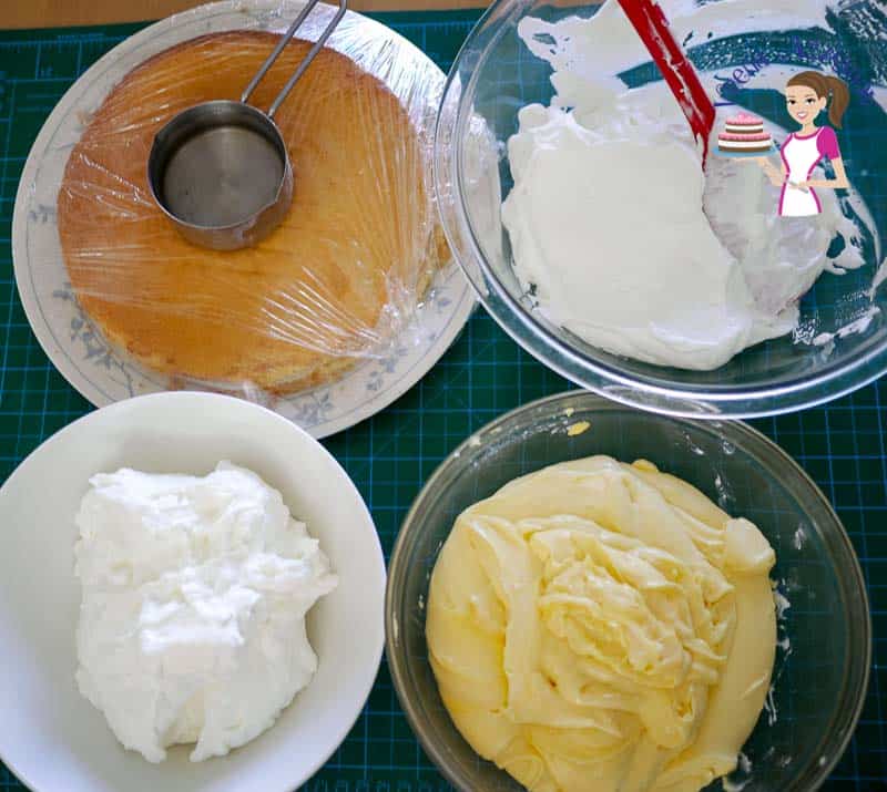 The ingredients for making mascarpone cream arranged in separate bowls.