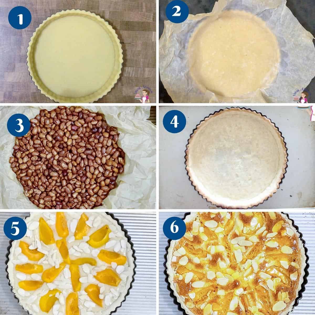 Progress pictures collage how to partially bake a tart shortcrust pastry.